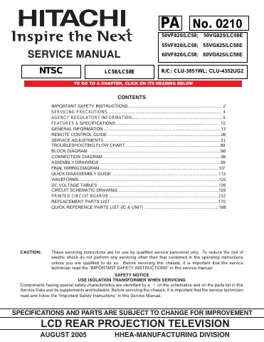 Hitachi 50VF820 Service Manual first page preview