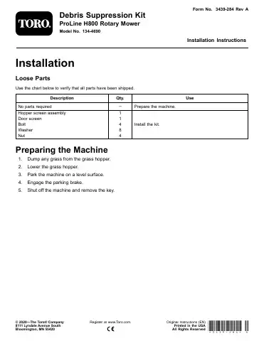 Toro ProLine H800 Installation Instructions Manual first page preview