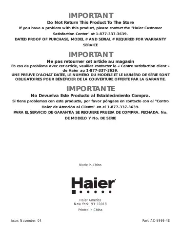 Haier HPM09XC5 - Portable Air Conditioner User Manual first page preview