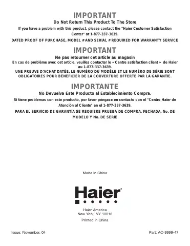 Haier HPR09XC5 User Manual first page preview