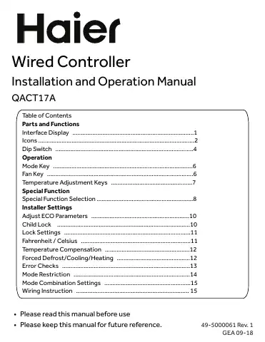 Haier QACT17A Installation And Operation Manual first page preview