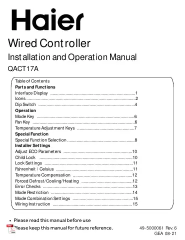 Haier QACT17A Installation And Operation Manual first page preview