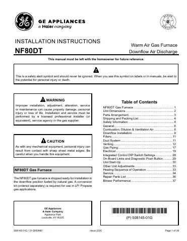 Haier GE NF80DT Installation Instructions Manual first page preview