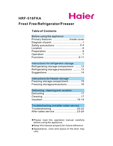Haier HRF-516FKA Operation Manual first page preview