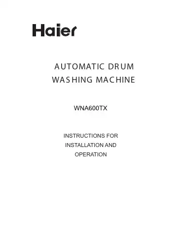 Haier WNA600TX Instructions For Installation And Operation Manual first page preview